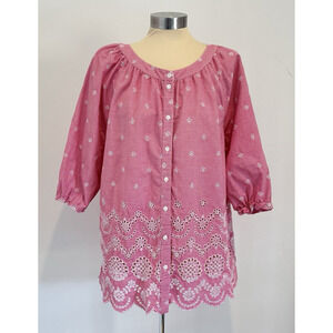 SUNDANCE Womens Large Rory Eyelet Red White Striped Top Peasant Boho Cottagecore